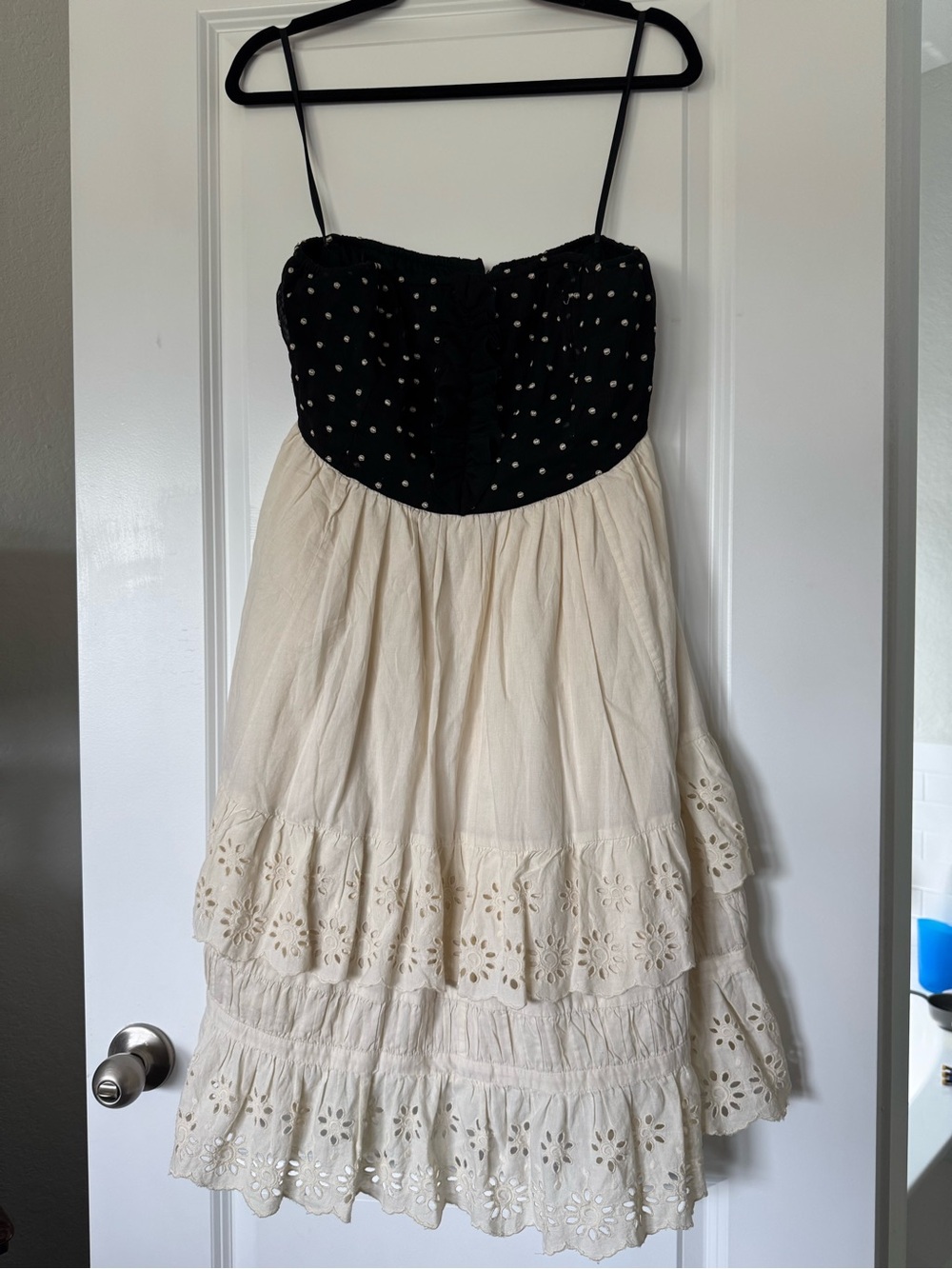 Anthropologie Black Beaded Bust Cream Eyelet Tiered Sundress